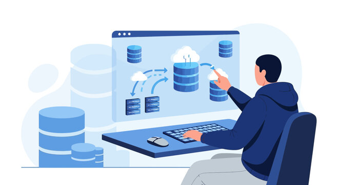 Data management concept: person managing database on computer | illustration