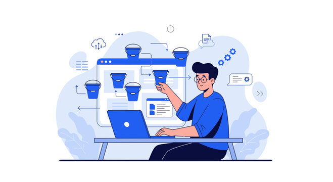 Data management person using laptop, cloud storage, workflow illustration