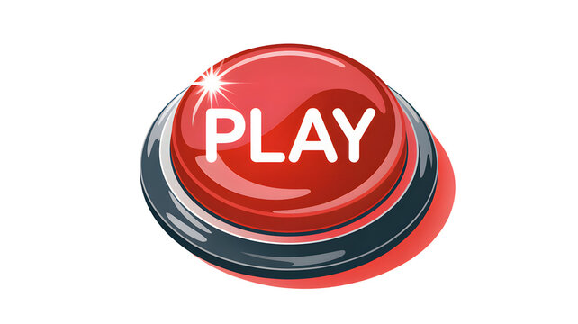 Large red play button with white text on a plain white background for multimedia activation
