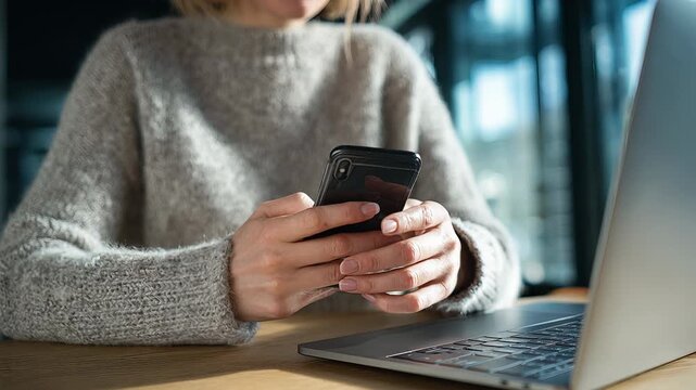Woman holding smartphone receiving confirmation message while using laptop, close up, wireless data sync, indoor home setting, mockup template