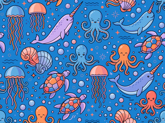 Cute Kawaii Marine Life Seamless Pattern with Narwhals, Octopuses, Sea Turtles, and Jellyfish on Blue Background for Fabric and Wallpaper © Njilim