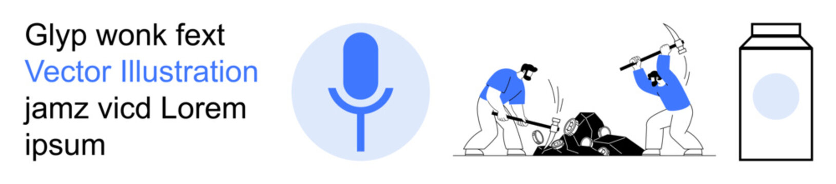 Communication tools, teamwork dynamics, labor, productivity, food packaging, lifestyle design. Microphone symbol, workers mining rocks milk carton icon. Communication and teamwork dynamics concepts