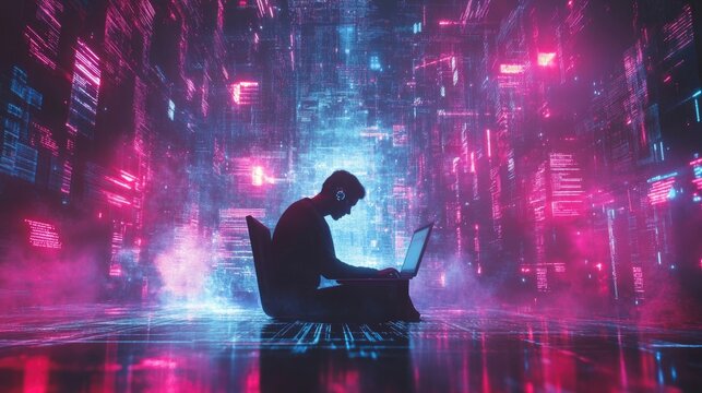 Digital technology, data engineering, cloud computing concept. Computer programmer working on laptop with big data processing and computer code, futuristic technology background, software development
