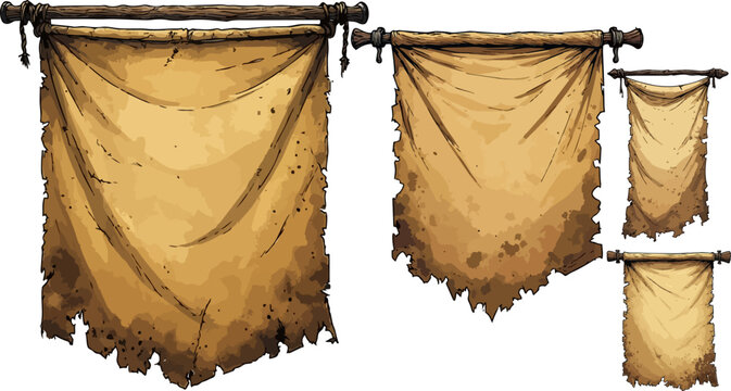 Medieval tattered fabric banners hanging on wooden poles, set of 4 vintage parchment flags, rustic weathered textile scrolls for fantasy gaming