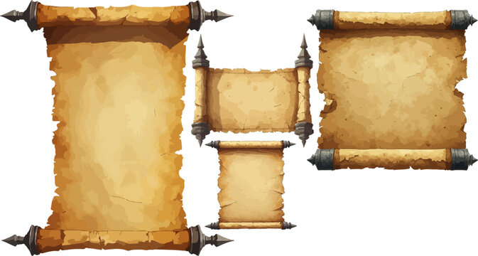 Vintage parchment paper scrolls with metal handles, set of 4 ancient papyrus banners, medieval fantasy map background for game UI