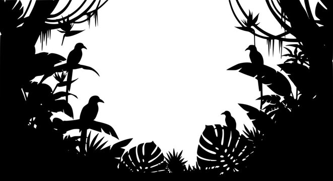 Jungle Silhouette Frame with Tropical Birds and Monstera Leaves