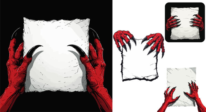 Red demon hands holding blank paper parchment, monster claws with sharp black nails gripping empty white sign, horror devil hands vector set