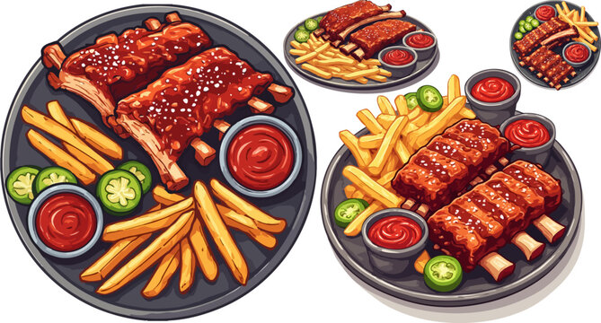 Grilled BBQ pork ribs with french fries and dipping sauce, glazed barbecue spare ribs on plate, 4 vector food illustrations for restaurant menus