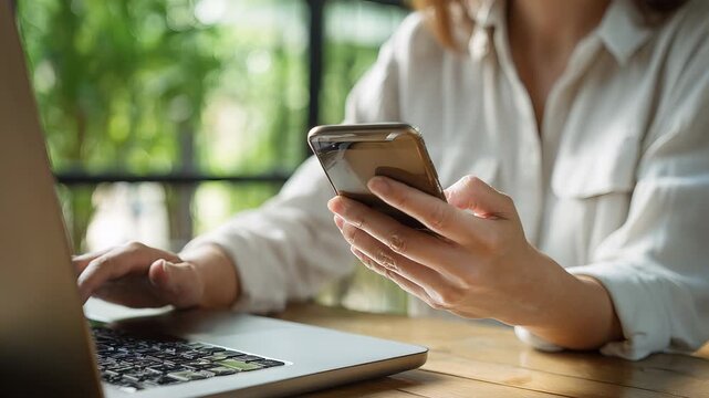 Woman holding smartphone receiving confirmation message while using laptop, close up, wireless data sync, indoor home setting, mockup template