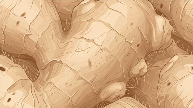 Close-up illustration of raw ginger root with textured skin and fibrous interior