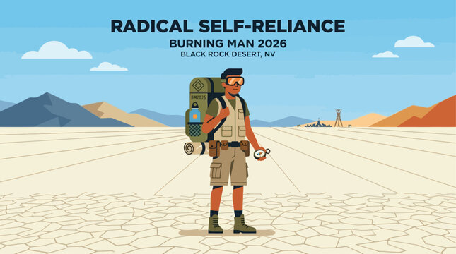 This strong flat design illustration embodies the principle of radical self-reliance at Burning Man 2026, showing a minimalist figure confidently equipped in the vast desert.