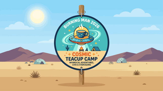 This playful flat design illustration showcases a stylized theme camp sign from Burning Man 2026, featuring a whimsical icon and clear text.
