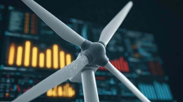 Close-up of wind turbine with digital data charts in background showing renewable energy production and clean technology concepts in futuristic environment
