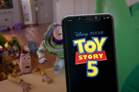 Cali, Colombia - May 12 2026: Smartphone displaying Disney Pixar Toy Story 5 movie logo