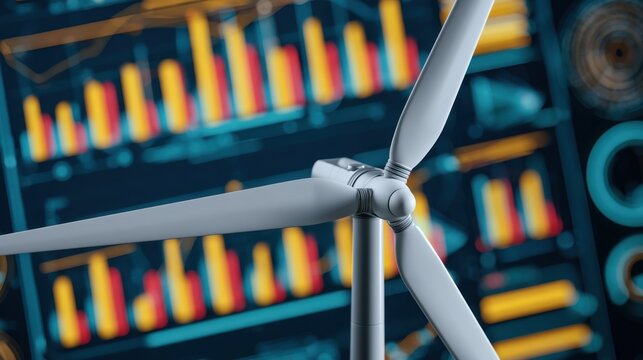 Close-up of wind turbine model with colorful digital data charts and graphs on screen in background representing green energy analytics and technology