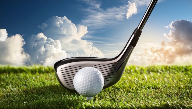 golf club hitting ball on green grass with clouds in the background