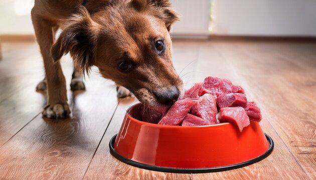close up of a dog attempting to eat raw meat from a bowl