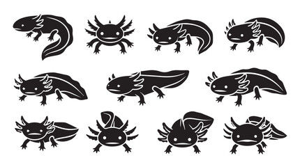Fototapeta premium Axolotl silhouettes in various poses against a white background for design and illustration purposes
