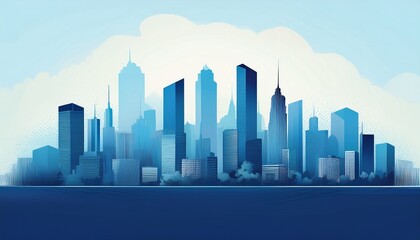 Fototapeta premium illustrative blue hues silhouette of modern city skyline featuring tall skyscrapers and urban architecture in distant background