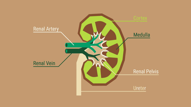 Human kidney cross section anatomical diagram showing structures.