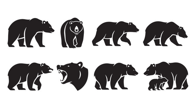 Bear silhouettes in various poses against a white background during daytime with a minimalist concept and graphic style