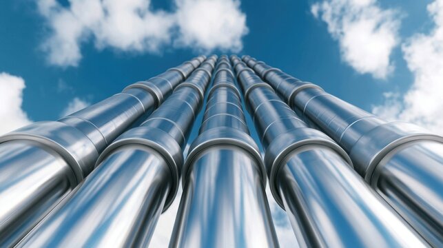 Shiny silver industrial pipes extending upward against blue sky with white clouds, close-up of multiple cylindrical metal tubes reflecting light