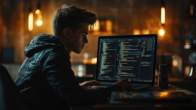 Digital technology, software development concept: Coding programmer working on a laptop with a circuit board and JavaScript on a virtual screen.