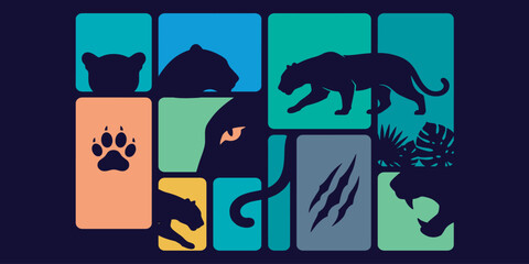 Colorful graphic illustration of various wild cats and their features in square tiles. © Riki