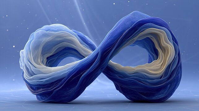 3D Rendered Abstract Infinity Loop, Gradient Blue White Flowing Textured Form, Futuristic Cosmic Decorative Element for Digital Design, Presentation Backdrops & UI Visual Assets