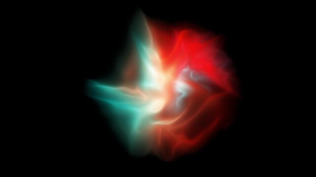 Abstract energy form with central red glow and cyan edges flickering in the dark symbolizing a core spark of inspiration or a quantum physics experiment