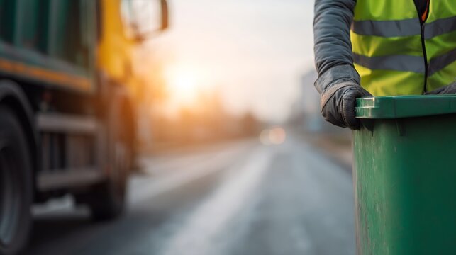Road worker with green trash bin near truck at sunset
