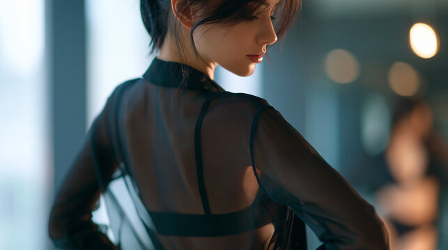 Woman in a sheer black shirt and underwear dancing twerk, artistic shot, see-through fashion, dance and fashion, boudoir dance, faceless, back view, defocused background, with