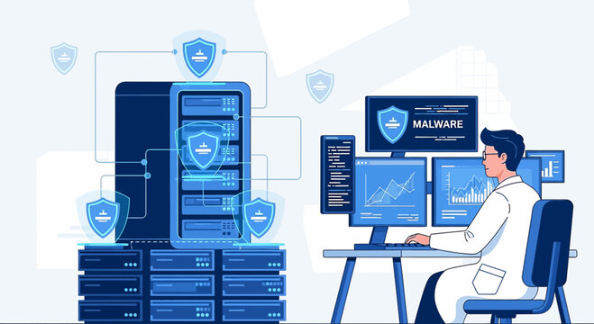 Cybersecurity expert monitoring server room with network security shields