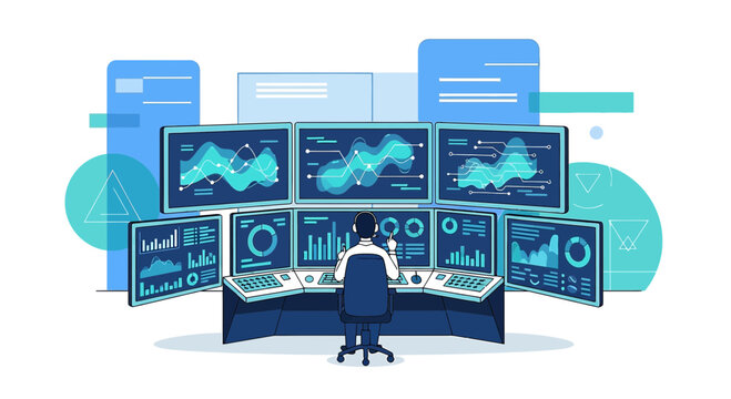 Data Analyst Monitoring Multiple Screens in Control Room