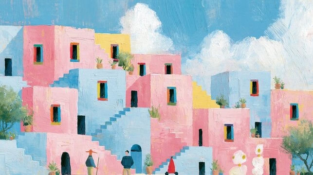 Colorful Mediterranean Village Painting with Pink and Blue Stacked Houses