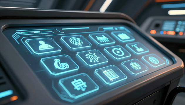 Futuristisches Sci-Fi Interface mit blau leuchtenden Symbolen