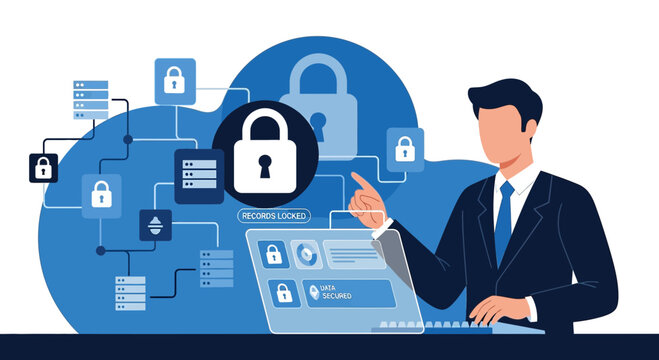 Cybersecurity graphic with man at laptop, data security, network protection