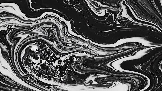 Abstract Black and White Marble Swirls Fluid Motion Background.