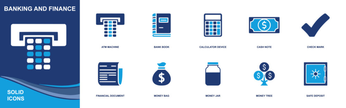 Banking and finance icon set. Containing ATM machine, bank book, calculator, cash note, check mark, financial document, money bag, money jar, money tree and more. Solid fill vector icons.