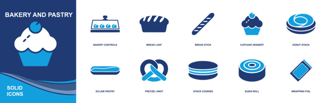 Bakery and pastry icon set. Containing bakery display, bread loaf, bread stick, cupcake, donut stack, eclair pastry, pretzel, stack cookies, roll cake and more. Solid fill vector icons.