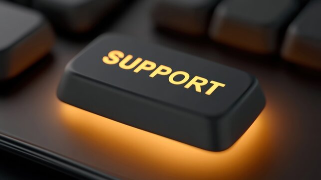 Close-up of black keyboard key with glowing orange light and the word support indicating help assistance and technical customer service concept