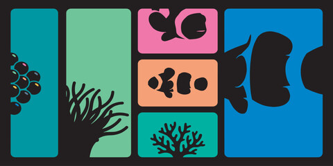Colorful graphic illustration of clownfish and coral reef elements. © Riki