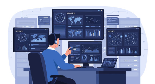Cybersecurity Analyst Monitors Network Security and Data Analysis on Multiple Screens
