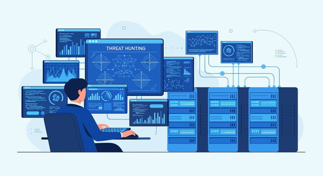 Cybersecurity Analyst Threat Hunting Data Servers Digital Screens