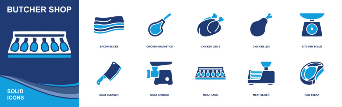 Butcher shop icon set. Containing bacon slices, chicken drumstick, roast chicken, chicken leg, kitchen scale, meat cleaver, meat grinder, meat slicer and more. Solid fill vector icons.