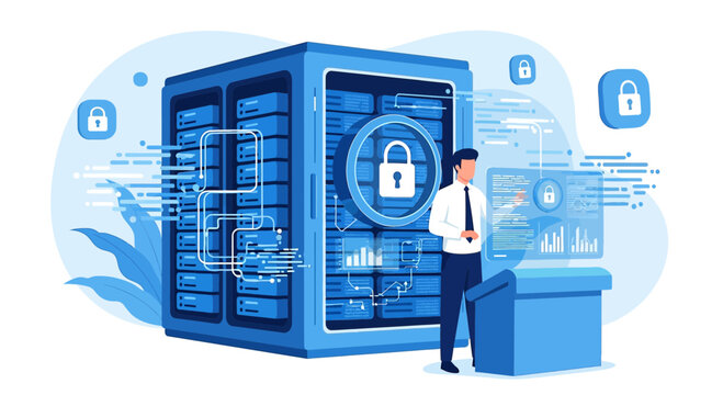 Cybersecurity concept: businessman near server rack with locked digital interface