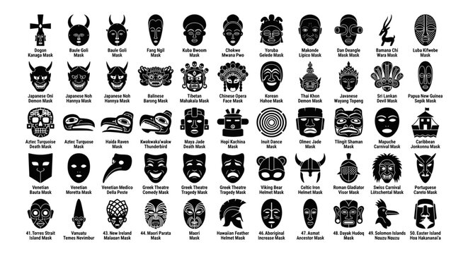 Global Identities: 50 Traditional World Culture and Tribal Mask Icons