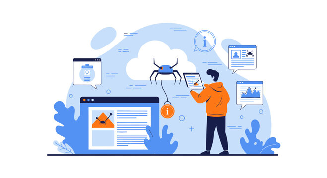 Cybersecurity concept: digital protection, virus threat, data analysis, man with tablet