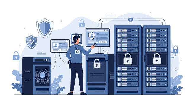 Cybersecurity network technician working with server racks and security systems