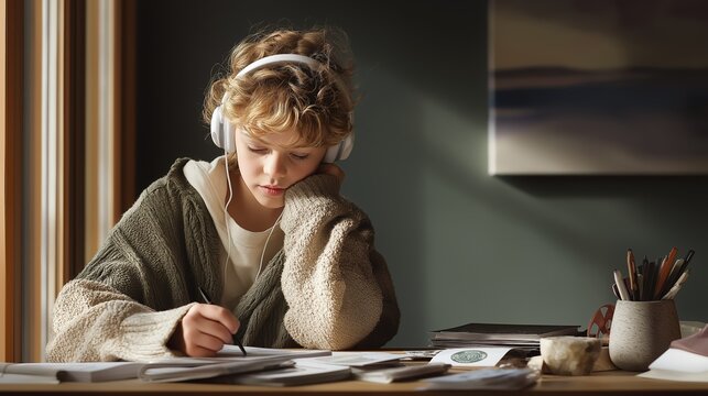 Child studying at a small desk in a quiet corner, wearing noise-canceling headphones, with visual cue cards, fidget toy, and tidy supplies in a cozy indoor setting